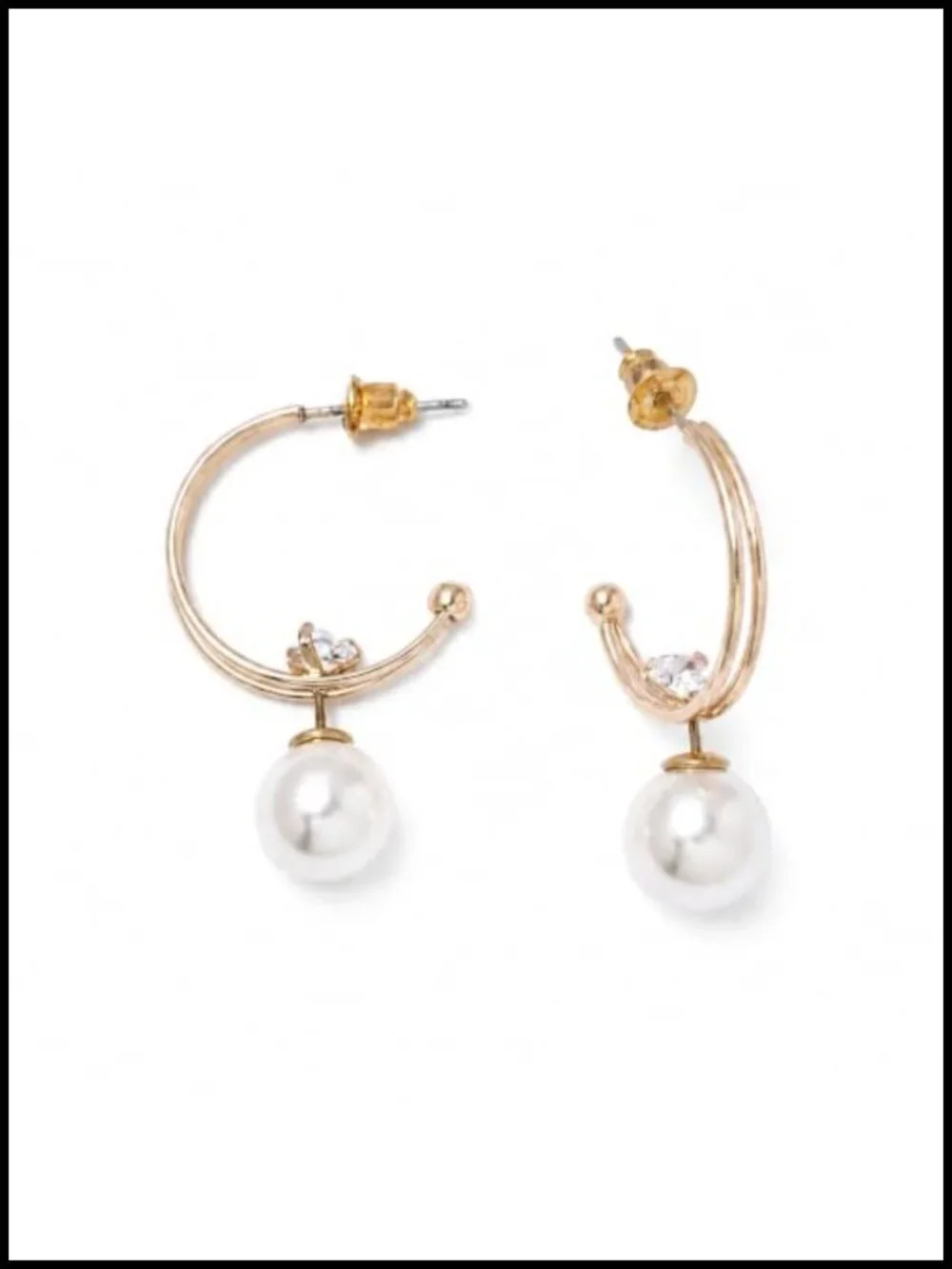 Faux Pearl Hoop Earrings with Crystal Accent, Gold-Tone Finish, Lightweight